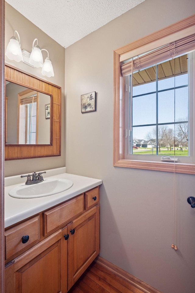 2797 Ocarina Dr, Sauk Rapids, MN 56379 - bathroom with a textured ceiling, wood finished floors, and vanity