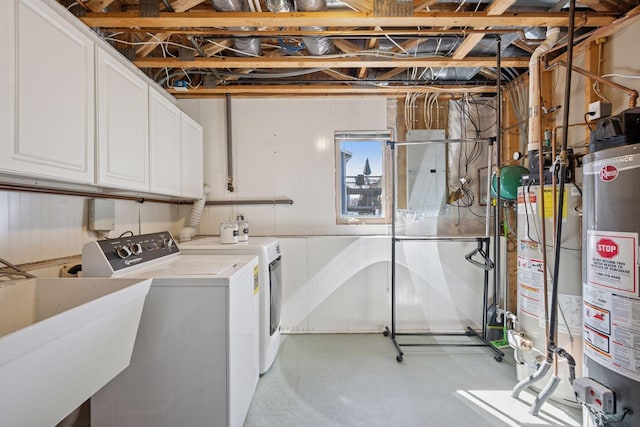 2797 Ocarina Dr, Sauk Rapids, MN 56379 - clothes washing area with cabinet space, a sink, washer and clothes dryer, and gas water heater