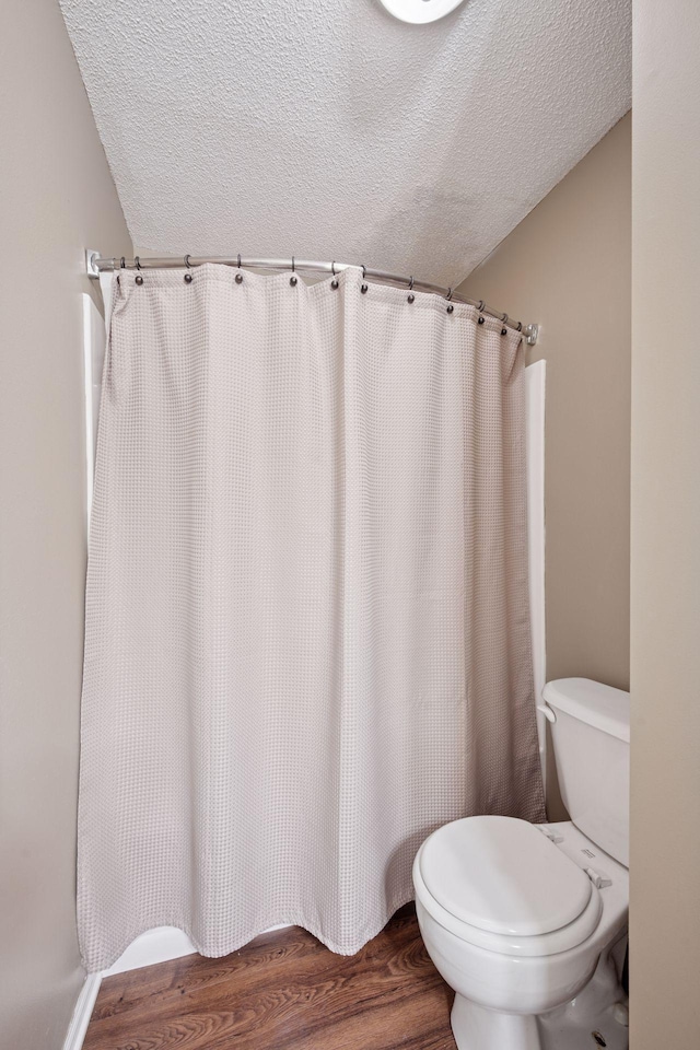 2797 Ocarina Dr, Sauk Rapids, MN 56379 - bathroom with toilet, a textured ceiling, wood finished floors, and a shower with curtain
