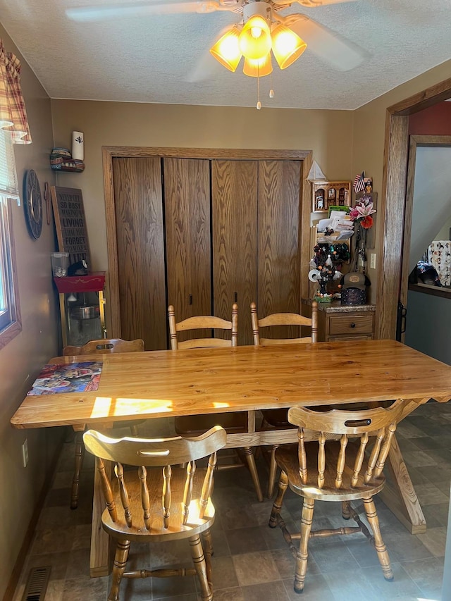 822 Holcombe Ave N, Litchfield, MN 55355 - dining space featuring visible vents, a textured ceiling, ceiling fan, and baseboards