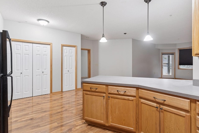 2530 34th St Unit 111, Minneapolis, MN 55406 - kitchen with light wood-type flooring, freestanding refrigerator, hanging light fixtures, and light countertops