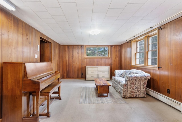 living area with baseboard heating and wood walls