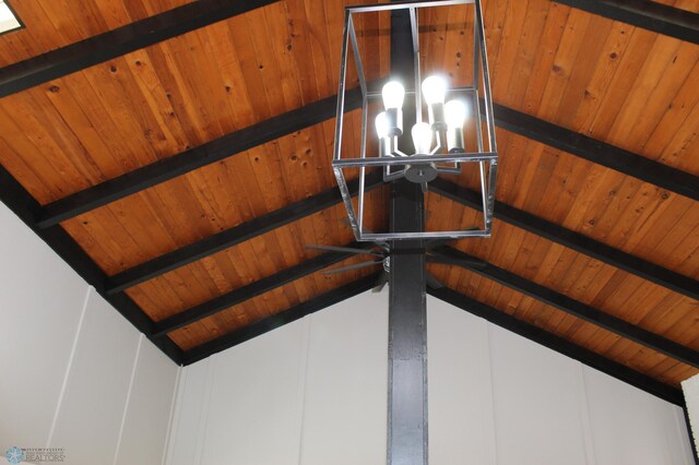 details featuring wooden ceiling, beam ceiling, and a chandelier