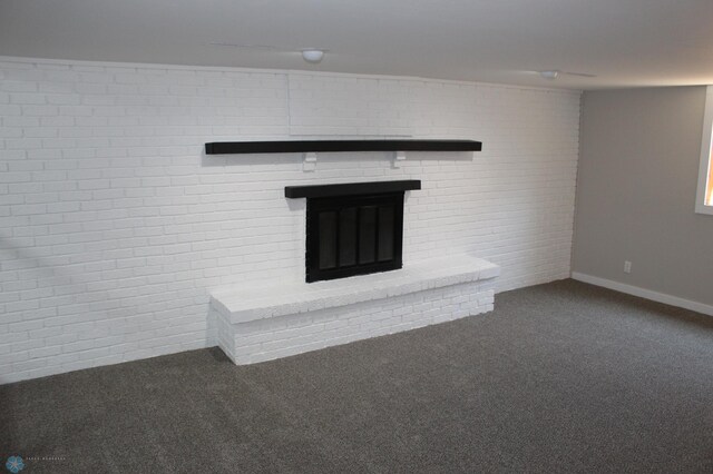 details with carpet flooring and a brick fireplace