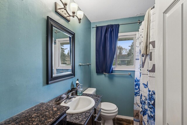 full bathroom with toilet, a shower with curtain, and vanity