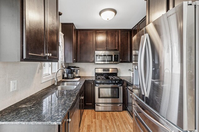 kitchen featuring dark brown cabinetry, light wood-type flooring, a sink, dark stone countertops, and stainless steel appliances