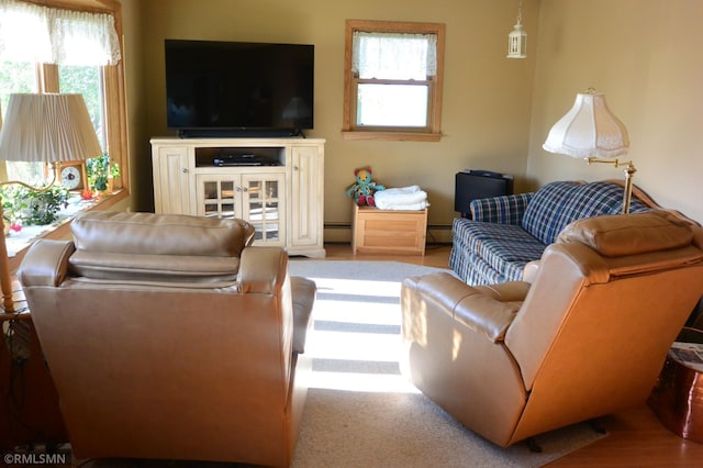 living area with baseboard heating, a healthy amount of sunlight, and a baseboard heating unit