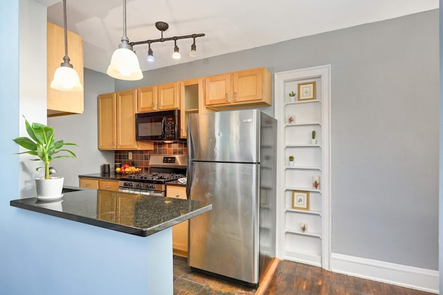 kitchen with decorative backsplash, decorative light fixtures, light brown cabinetry, appliances with stainless steel finishes, and a peninsula