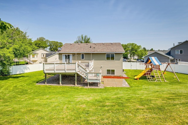 18095 Exeter Pl, Farmington, MN 55024 - rear view of house featuring a wooden deck, a playground, a patio, and stairway