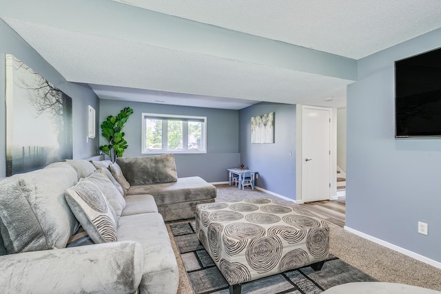 18095 Exeter Pl, Farmington, MN 55024 - carpeted living room with stairs, baseboards, and a textured ceiling