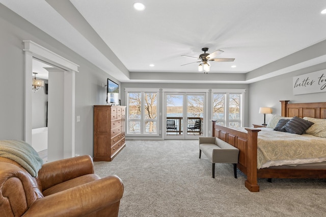 carpeted bedroom featuring access to outside, recessed lighting, and ceiling fan