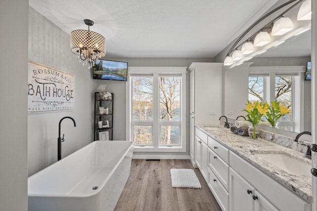 bathroom featuring double vanity, a healthy amount of sunlight, wood finished floors, a sink, and an inviting chandelier