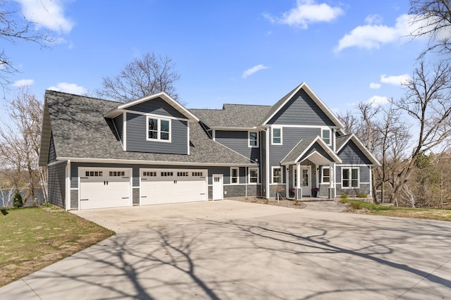 craftsman house featuring a garage, stone siding, roof with shingles, concrete driveway, and a porch