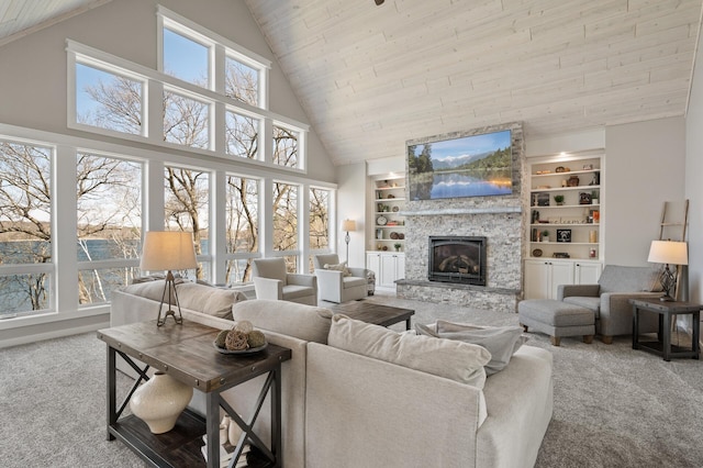 carpeted living room featuring a stone fireplace, wood ceiling, built in features, and high vaulted ceiling