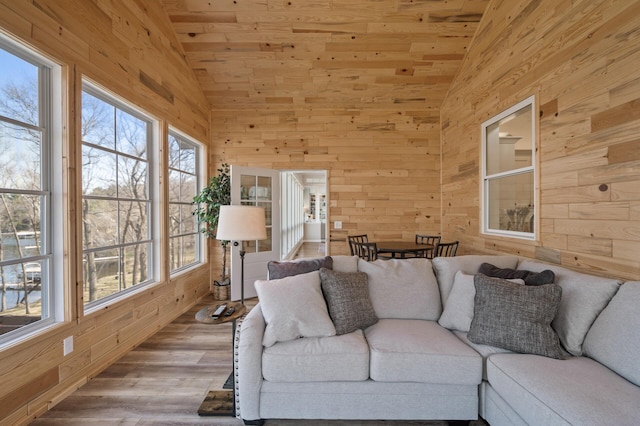 living room featuring wood walls, wood ceiling, lofted ceiling, and a healthy amount of sunlight