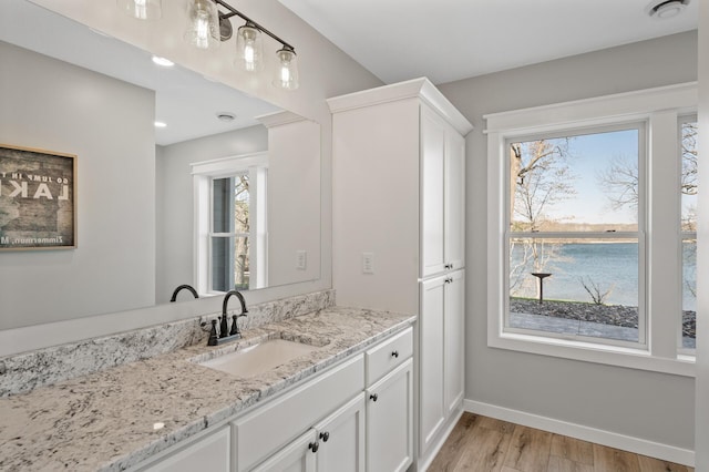 bathroom featuring a healthy amount of sunlight, baseboards, vanity, and wood finished floors