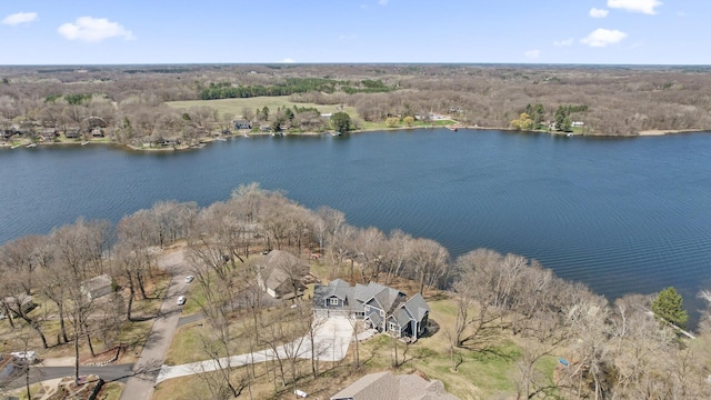 aerial view featuring a water view and a view of trees