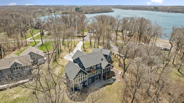 drone / aerial view with a water view