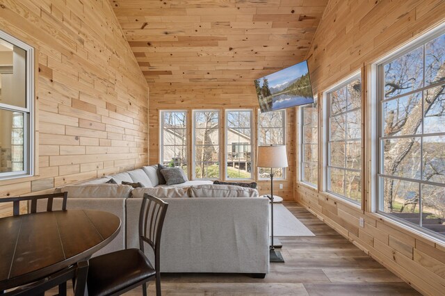 9129 279th Ave NW, Zimmerman, MN 55398 - sunroom featuring wood walls, wood ceiling, healthy amount of natural light, wood finished floors, and high vaulted ceiling