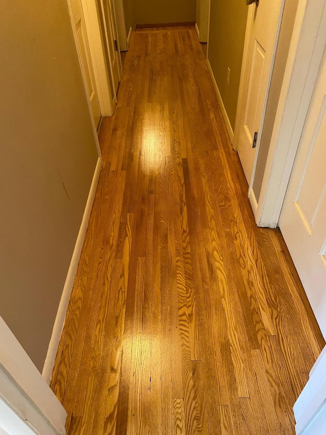 hallway with baseboards and wood finished floors