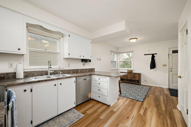 kitchen featuring dark countertops, stainless steel dishwasher, a sink, white cabinets, and a peninsula