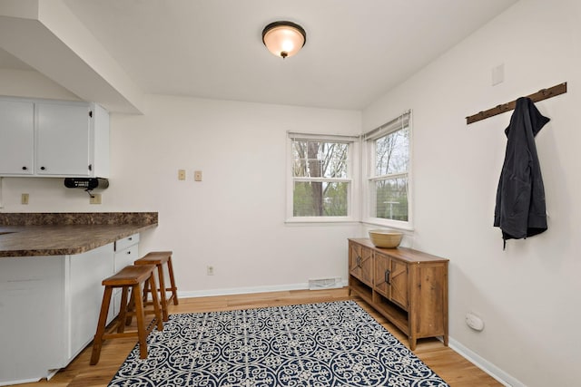 interior space featuring baseboards, visible vents, and light wood finished floors