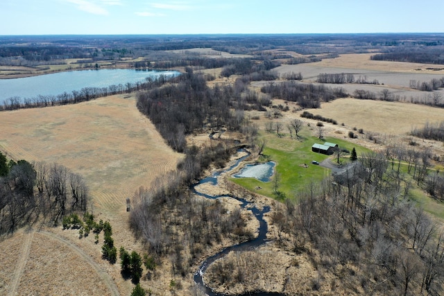aerial view featuring a water view and a rural view