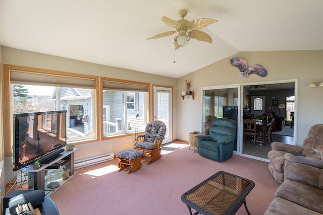 carpeted living area with lofted ceiling, baseboard heating, and ceiling fan