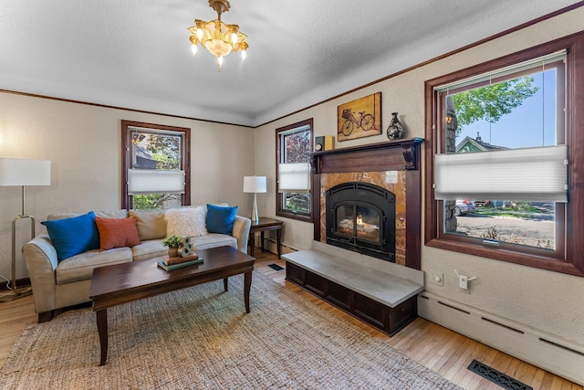 living room featuring a baseboard radiator, a textured wall, wood finished floors, a fireplace, and crown molding