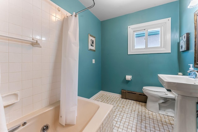 full bath with a baseboard radiator and toilet