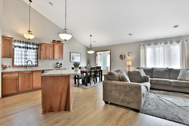 living area with a healthy amount of sunlight, high vaulted ceiling, and light wood-type flooring
