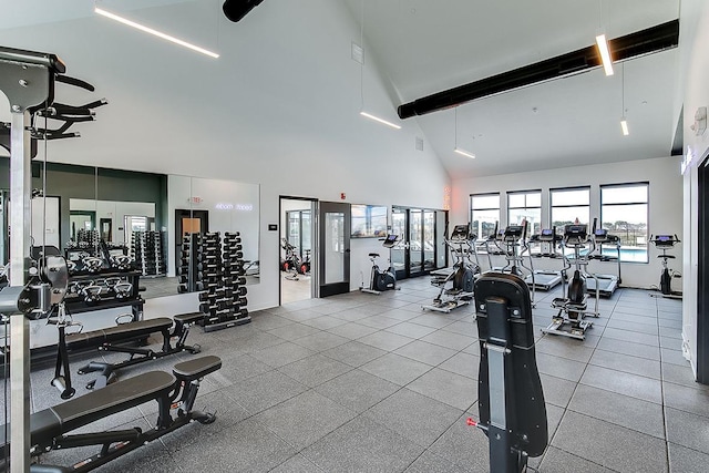 17121 Dysart Pl, Lakeville, MN 55044 - exercise room featuring high vaulted ceiling and beamed ceiling