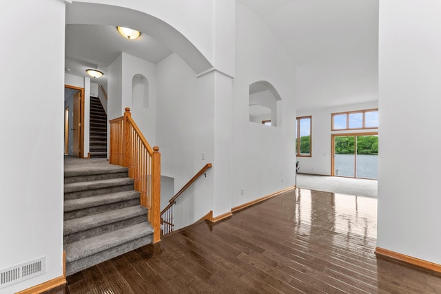 6300 Linden Ln, Mound, MN 55364 - stairway featuring wood finished floors, baseboards, arched walkways, and a towering ceiling