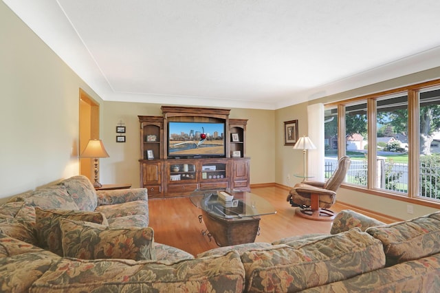 living area with baseboards and wood finished floors