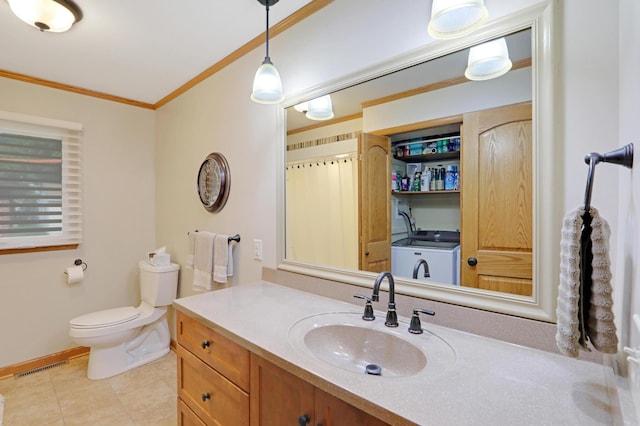 bathroom with crown molding, tile patterned flooring, toilet, washer / dryer, and visible vents