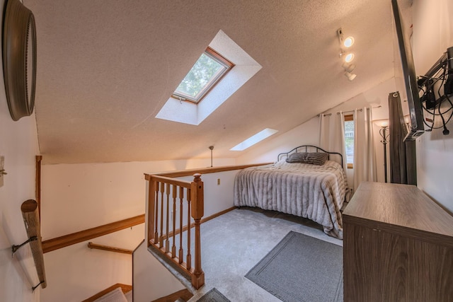 2394 Valentine Ave, Saint Paul, MN 55108 - carpeted bedroom featuring a skylight, a textured ceiling, and vaulted ceiling