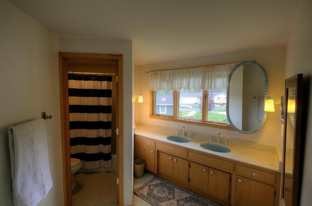 1224 Tee Up Ln, Red Wing, MN 55066 - bathroom featuring double vanity, toilet, and a shower with curtain