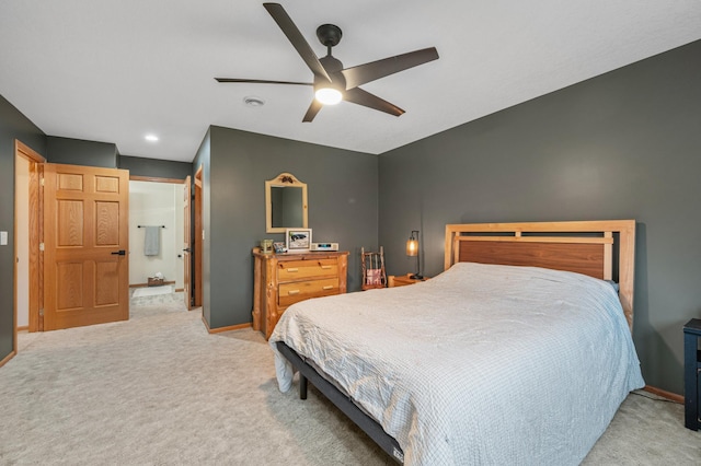 bedroom featuring carpet floors, a ceiling fan, and baseboards