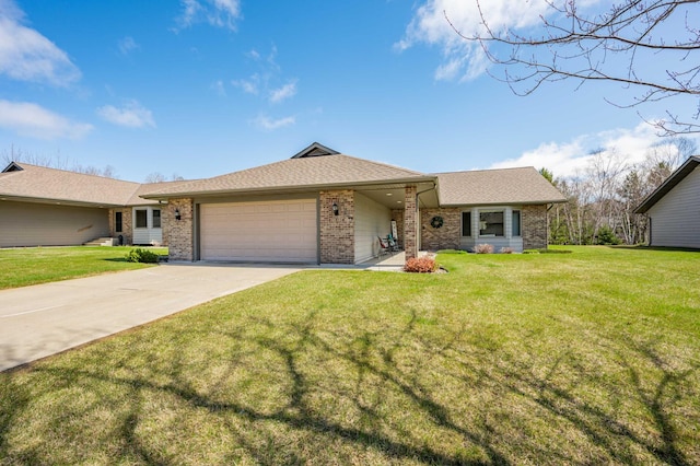 single story home with roof with shingles, a front lawn, brick siding, a garage, and driveway