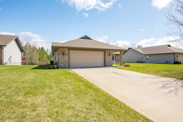 ranch-style house with brick siding, a front lawn, an attached garage, and driveway