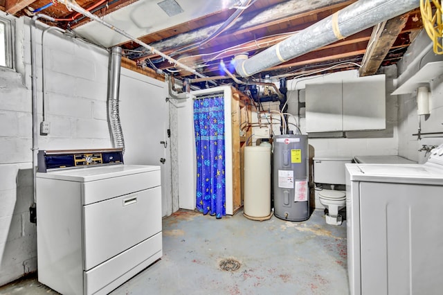 1217 High St, Lake City, MN 55041 - unfinished below grade area with electric water heater, separate washer and dryer, a water softener system, and concrete block wall