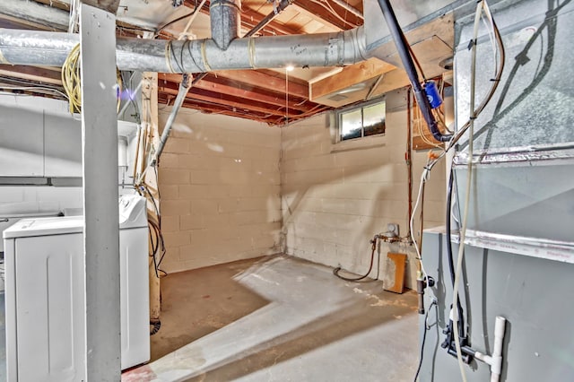 1217 High St, Lake City, MN 55041 - unfinished basement featuring washer / clothes dryer, heating unit, and concrete block wall