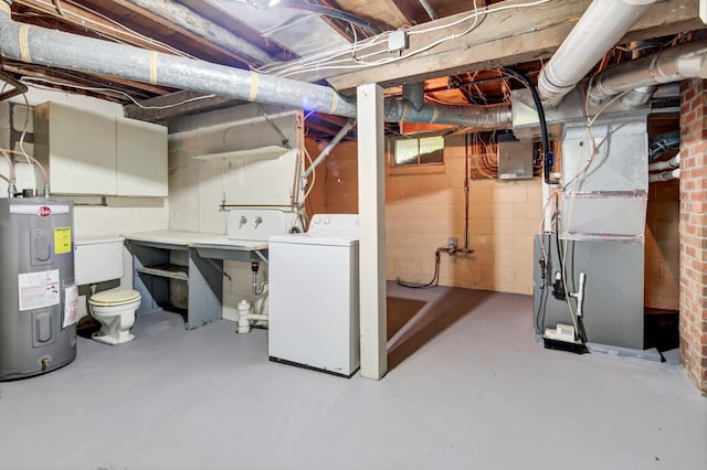 1217 High St, Lake City, MN 55041 - unfinished basement featuring electric water heater, washer / dryer, heating unit, and electric panel