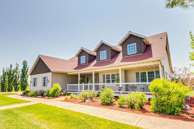 view of front of house with a shingled roof, a porch, and a front yard