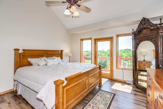 bedroom featuring visible vents, access to exterior, baseboards, lofted ceiling, and dark wood-type flooring