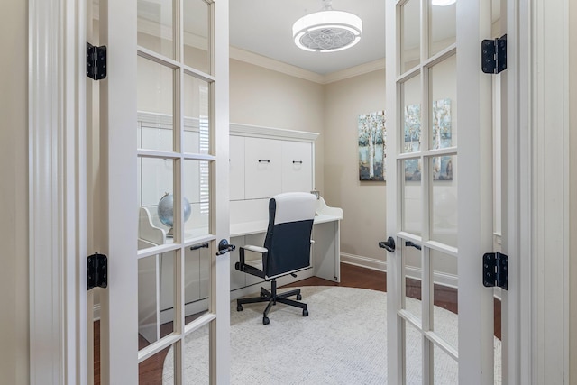 5435 Yellowstone Trl, Minnetrista, MN 55331 - office with french doors, crown molding, a chandelier, and baseboards