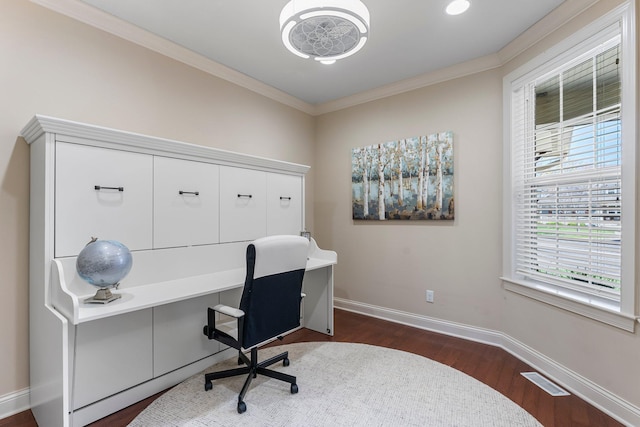 5435 Yellowstone Trl, Minnetrista, MN 55331 - office featuring dark wood-type flooring, baseboards, and ornamental molding