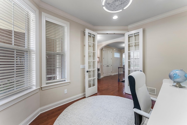 5435 Yellowstone Trl, Minnetrista, MN 55331 - office with arched walkways, french doors, dark wood finished floors, plenty of natural light, and ornamental molding