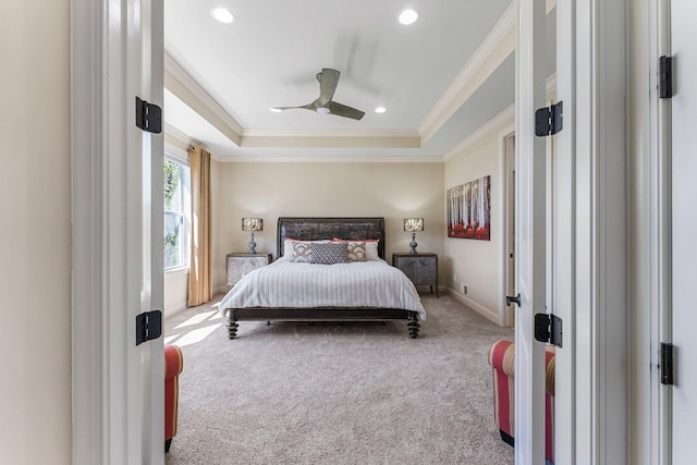 5435 Yellowstone Trl, Minnetrista, MN 55331 - carpeted bedroom featuring ornamental molding, a raised ceiling, recessed lighting, baseboards, and a ceiling fan