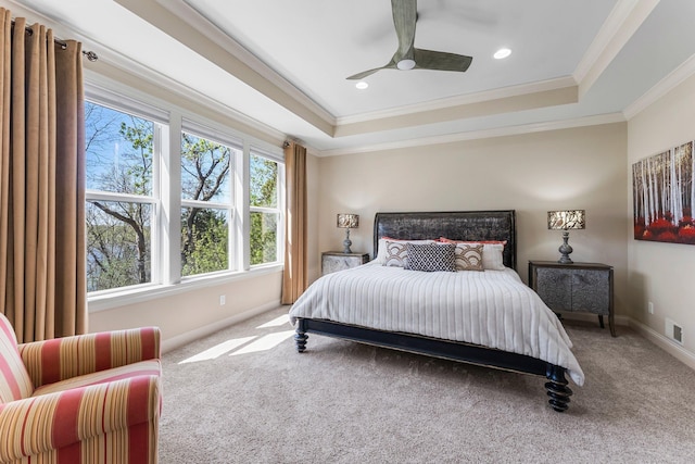 5435 Yellowstone Trl, Minnetrista, MN 55331 - bedroom with carpet floors, ornamental molding, a tray ceiling, a ceiling fan, and baseboards